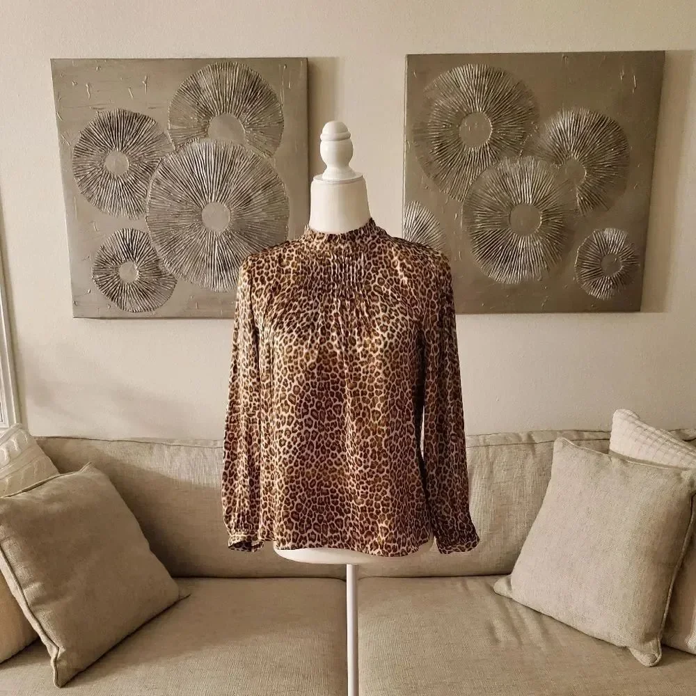 🌹 J. CREW 🌹 Ruffleneck Drapey Leopard Print Satin Blouse - [Size XS]